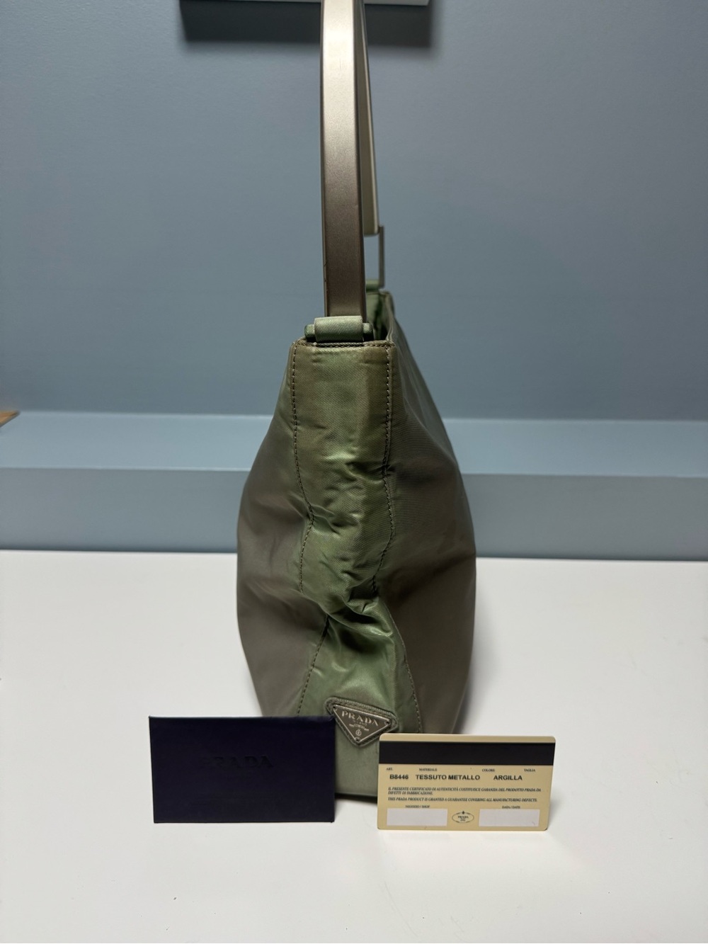 Prada Olive Green Nylon Shoulder Bag with Silver Handle